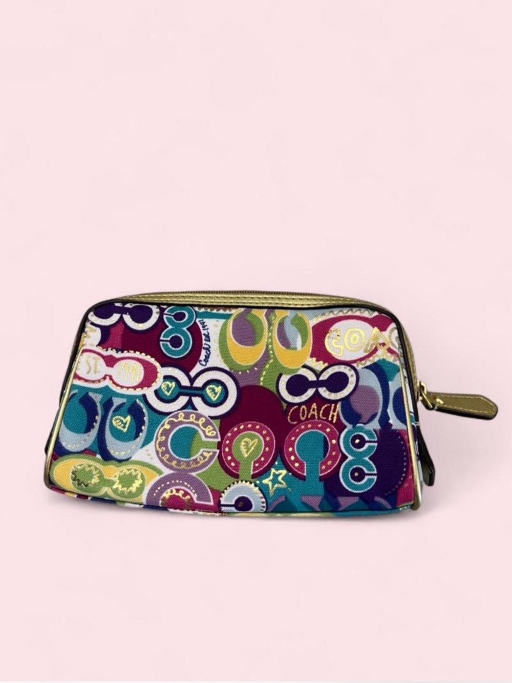 Coach Multicolor Pop Logo Cosmetic Pouch with Gold Trim
